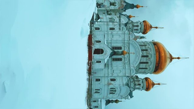 Belogorsky St. Nicholas Orthodox Missionary Monastery. Russia, Perm Krai, Belaya Gora. The temple on the hill in winter. Monastery on the background of snow. 4K