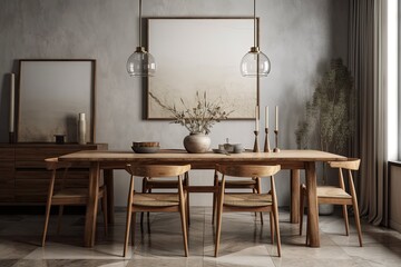 Interior decoration of a chic wabi sabi dining room with a mock up poster frame, a wooden dining table, a chair, and lovely personal accessories. modern interior design. Template. Generative AI