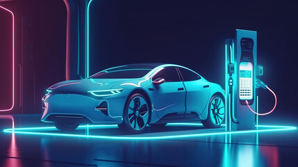 Futuristic Illustration of New Electric Charging Station: A Light Blue Electric Car in the Charging Station with Sleek and Modern Design. generative ai.