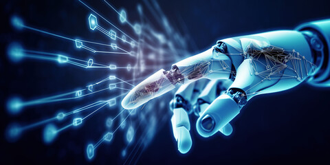 Robot Hands Touching Big Data Network Connection: Science, AI Technology, Innovation and Futuristic Machine Learning. generative ai.