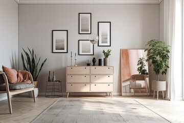 A contemporary, trendy room's interior features a chest of drawers and empty picture frames. Generative AI