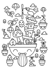 Coloring book for children in kawaii style. A fairytale world with funny and cute creatures. The task for children can be used in a book or magazine
