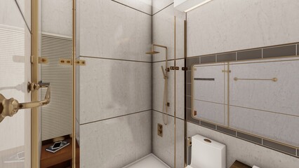 Luxury grey and gold bathroom interior design 3d
