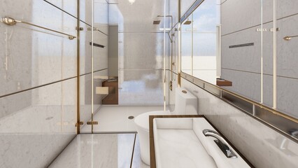 Luxury grey toilet interior scene 3d one point perspective