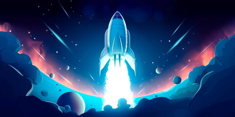 Spaceship takes off in the starry sky.Generative AI