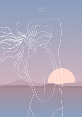 Female silhouette with lines on the background of the sea