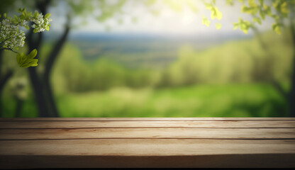 Empty wooden table with blurred spring background.