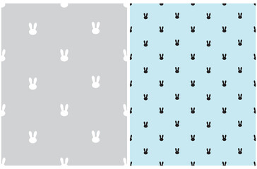 Vector Seamless Pattern with Bunny. Cute White and Black Bunny Heads isolated on a Light Gray and Pastel Blue Background. Lovely Hand Drawn Nursery Print ideal for Fabric, Textile, Wrapping Paper.