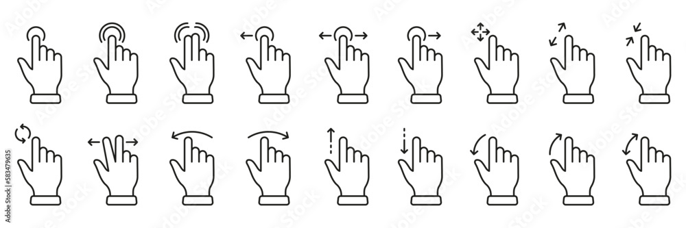 Poster gesture slide left and right line icon set. hand finger touch, swipe and drag linear pictogram. pinc