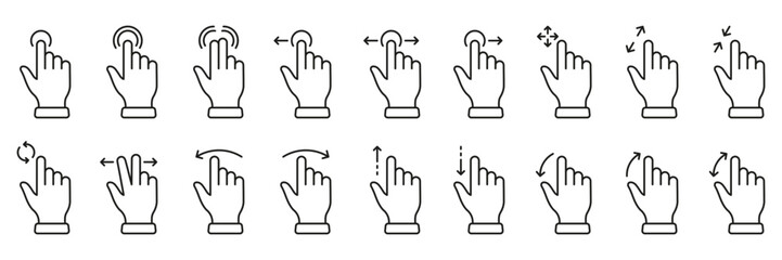 Gesture Slide Left and Right Line Icon Set. Hand Finger Touch, Swipe and Drag Linear Pictogram. Pinch Screen, Rotate Up Down on Screen Outline Sign. Editable Stroke. Isolated Vector Illustration