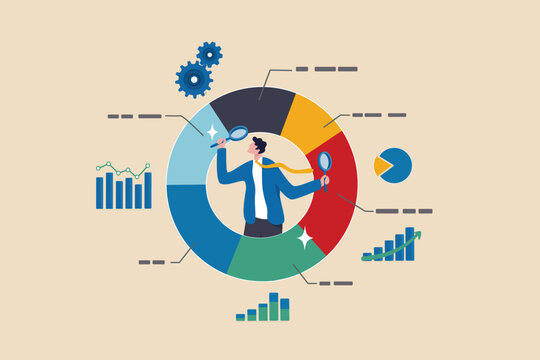 Analyze data, financial research analytics, data analysis, chart and graph or diagram, database report or predictive visualization concept, businessman with magnifying glass analyzing pie chart data.