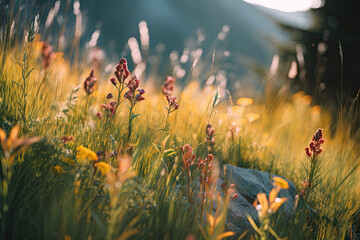 Wild meadow with herbal flowers in alpine mountains. generative ai