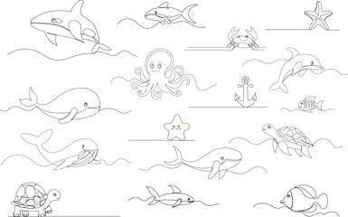 marine life set drawing by one continuous line, vector
