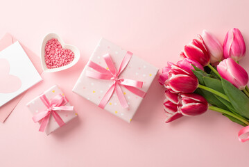 Mother's Day concept. Top view photo of present boxes with ribbon bows bunch of pink tulips heart shaped saucer with sprinkles and envelope with letter on isolated pastel pink background