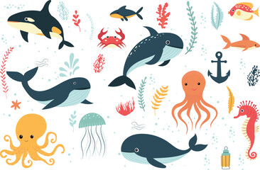 set of sea animals, fish, whales, octopuses vector