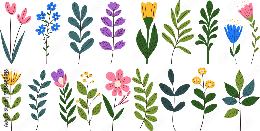 Wall mural set of flowers in doodle style, vector collection