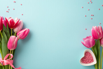 Mother's Day celebration concept. Top view photo of fresh pink tulips and heart shaped saucer with scattered sprinkles on isolated pastel blue background with blank space
