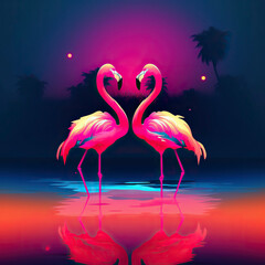 Flamingos in neon colors. Generative AI.