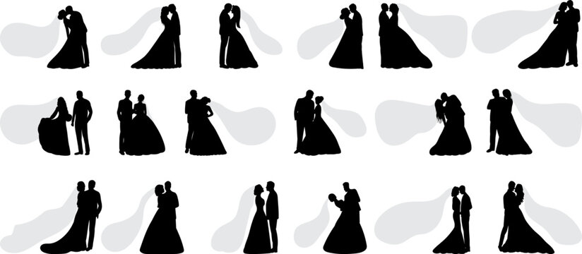 set of silhouettes of the bride and groom, wedding vector