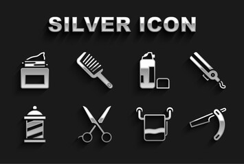 Set Scissors hairdresser, Curling iron, Straight razor, Towel hanger, Barber shop pole, Shaving gel foam, Cream cosmetic jar and Hairbrush icon. Vector