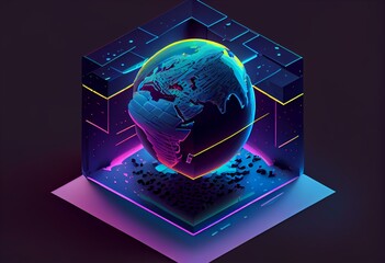 isometric levitated earth isolated, Earth day, neon style Generative AI