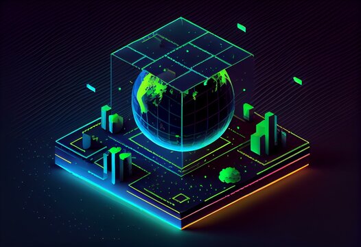Earth day, isometric levitated earth isolated, neon style Generative AI