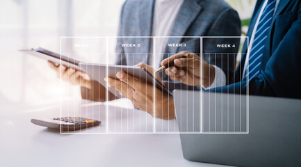 Businessman hand Project manager working and update tasks and Gantt chart scheduling virtual diagram.
