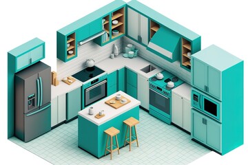 Fototapeta na wymiar 3D isometric contemporary style modern kitchen concept turquoise, generative AI