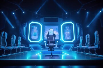 A futuristic TV set for broadcasting an esport event. Gaming style with neon and LEDs. Big HUD and screens. Generative ai