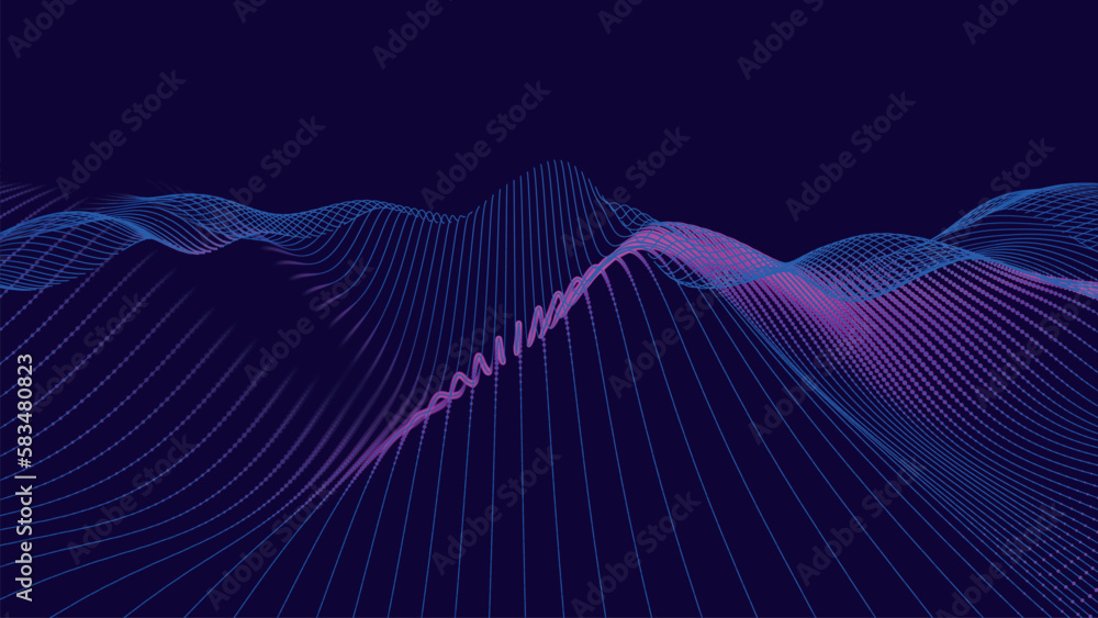 Poster wave of particles. futuristic dots pattern on dark background. big data digital code. technology or 