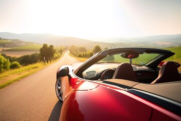 A luxury red convertible car at sunset with a very long countryside road ahead in a place with vineyards. A dream in Italy. Generative ai