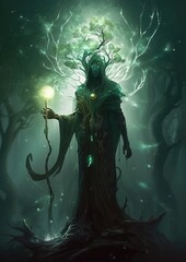 An illustration of a God of. the Forest standing with his glowing green sorcerer's rod. Dark and green glowing background.. Generative ai