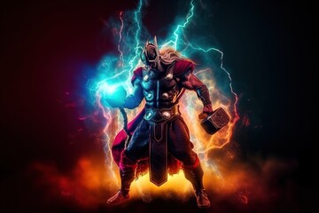 An illustration of Thor, the God of Thunder in Nordic culture, The main god of vikings with his hammer in colorful flames. Generative ai - obrazy, fototapety, plakaty