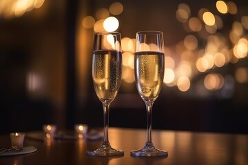 A couple of champagne glasses. A romantic luxury restaurant decorated in Saint Valentine's Day with candles and lights. Generative ai.	