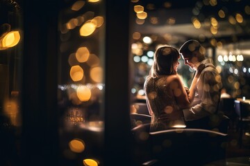 A romantic couple having a special moment in a cozy restaurant in their anniversary. With candlelight. Concept: Saint Valentine´s day. Generative ai