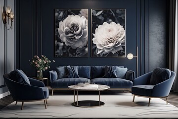 Interior of a living room in grey and navy blue with a cozy sofa and chairs. Generative AI