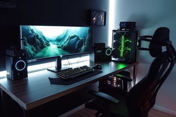 Fototapeta premium Gaming set up for a gamer or streamer with neon and leds. Concept: A place to play video games and to stream. Generative ai
