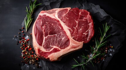 Raw Ribeye steak with pepper, seasoning and green rosemary on blackboard. Generative AI