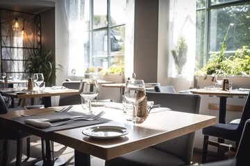 Fototapeta premium A closeup of a table for two in a luxury empty restaurant with beautiful natural lateral light. Very stylish and modern decoration. Generative ai