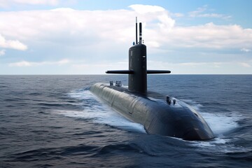 A military nuclear submarine sailing in the sea in a dramatic light during war invasion. Generative ai	