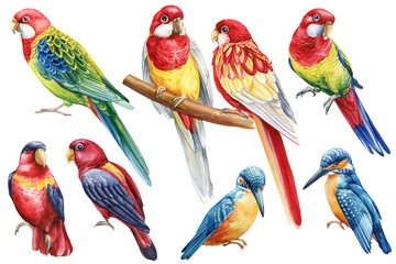 Colored birds Set. tropical bird, parrot, kingfisher, rosella. White isolated background, Watercolor hand drawing 