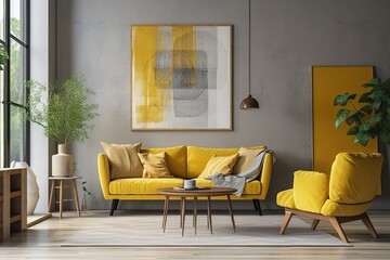 In the interior of a contemporary living room with a yellow leather sofa and armchair, a floor lamp, and branches in a vase on a wooden coffee table, there is a horizontal blank poster on a yellow con - obrazy, fototapety, plakaty