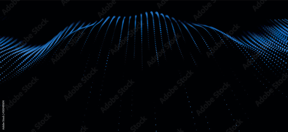 Poster wave of particles. futuristic dots pattern on dark background. big data digital code. technology or 