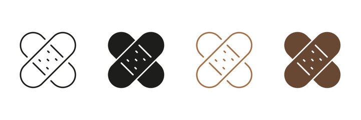 Sticky Bandage for Wound Recovery Pictogram. Tape for First Aid, Medical Plaster Line and Silhouette Icon Set. Adhesive Band, Emergency Black and Color Symbol Collection. Isolated Vector Illustration