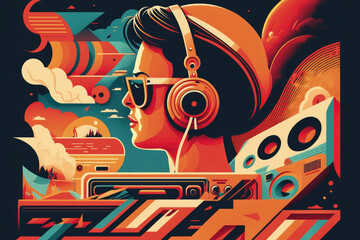 Flat retro design: Girl from the '70s in a vintage headset and musical mood | Generative AI Production