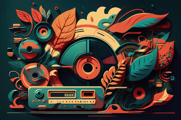 Flat retro design: Vintage music player, сassette, record, and musical mood | Generative AI Production