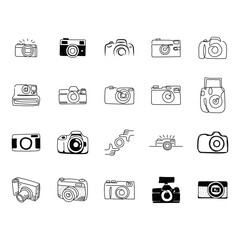 Photo camera doodle set. Collection of hand drawn various photo camera equipment for photographers work isolated on white background