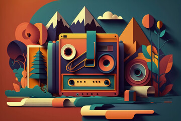 Flat retro design: Vintage music player with colorful musical abstractions in mountains | Generative AI Production