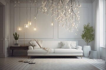 In the background of a white walled living room, there is a sofa with lamps and decorative trees. Generative AI