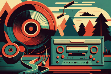 Flat retro design: Vintage music player with records and colorful musical abstractions in the forest | Generative AI Production